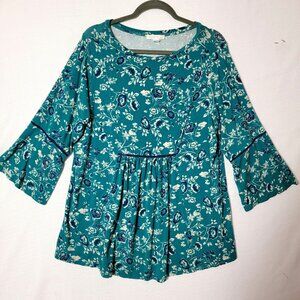 Westport 1962  Babydoll Tunic Top Womens Sz 1X Bell Sleeve Smocked Teal Paisley